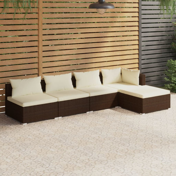 5 Piece Garden Lounge Set With Cushions Poly Rattan Brown Patio Furniture Sets