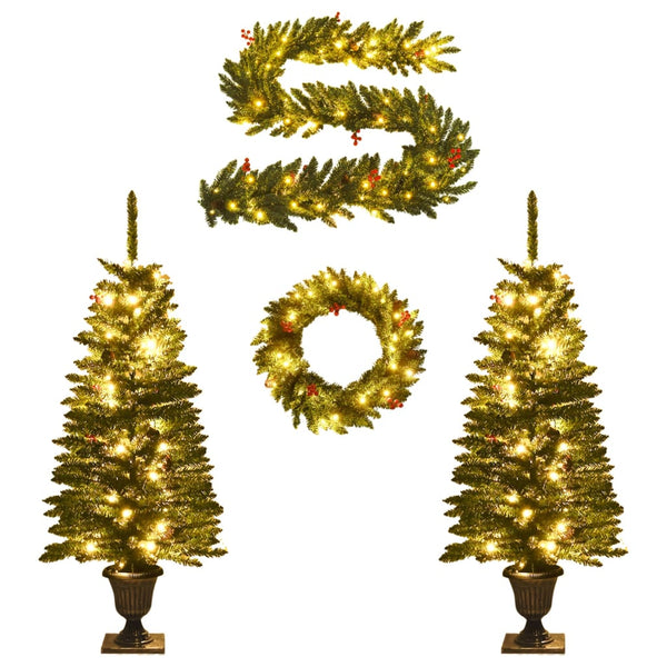 Artificial Christmas Trees 2 Pcs With Wreath Garland And Leds Seasonal Decorations
