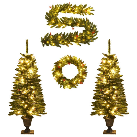Artificial Christmas Trees 2 Pcs With Wreath Garland And Leds Seasonal Decorations
