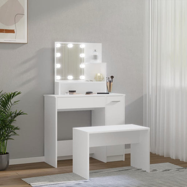 Dressing Table Set With Led White Engineered Wood Dressing Tables