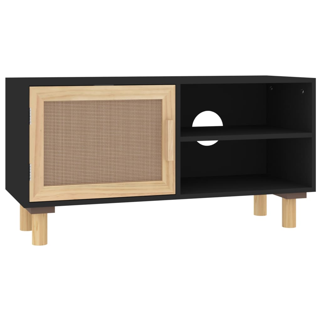 Tv Cabinet Black 80X30x40 Cm Solid Wood Pine And Natural Rattan Tv Stands & Entertainment Units