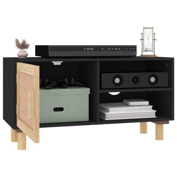 Tv Cabinet Black 80X30x40 Cm Solid Wood Pine And Natural Rattan Tv Stands & Entertainment Units