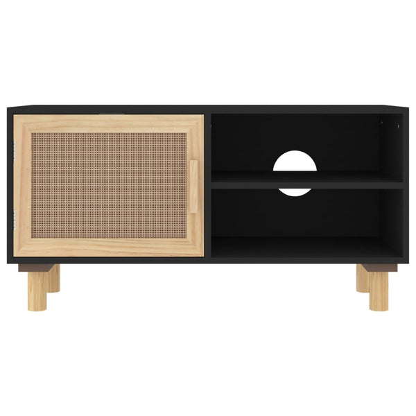 Tv Cabinet Black 80X30x40 Cm Solid Wood Pine And Natural Rattan Tv Stands & Entertainment Units