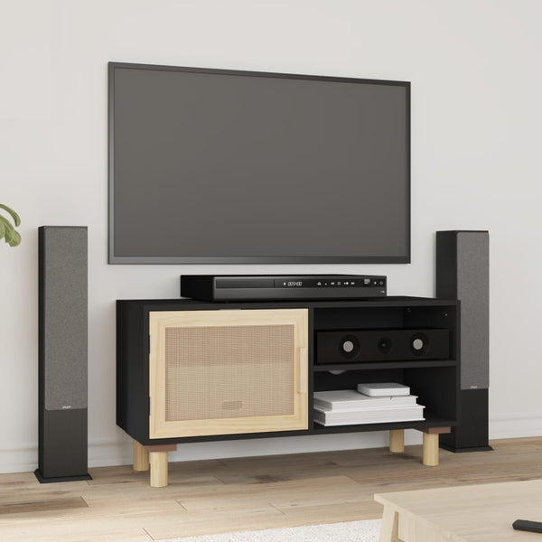 Tv Cabinet Black 80X30x40 Cm Solid Wood Pine And Natural Rattan Tv Stands & Entertainment Units