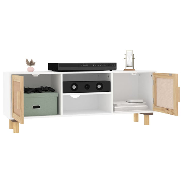Tv Cabinet White 105X30x40 Cm Solid Wood Pine&Natural Rattan Tv Stands & Entertainment Units