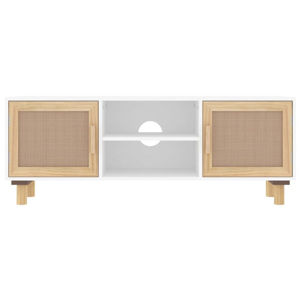 Tv Cabinet White 105X30x40 Cm Solid Wood Pine&Natural Rattan Tv Stands & Entertainment Units