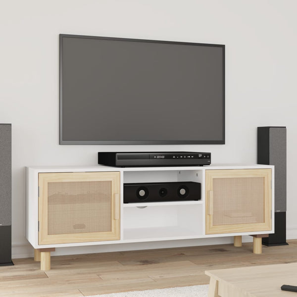 Tv Cabinet White 105X30x40 Cm Solid Wood Pine&Natural Rattan Tv Stands & Entertainment Units