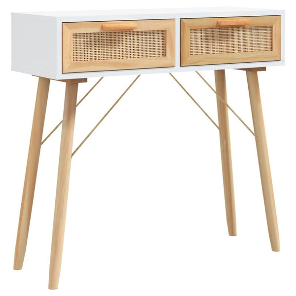 Console Table White 80X30x75 Cm Solid Wood Pine&Natural Rattan