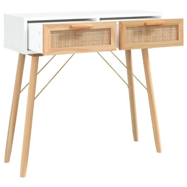 Console Table White 80X30x75 Cm Solid Wood Pine&Natural Rattan