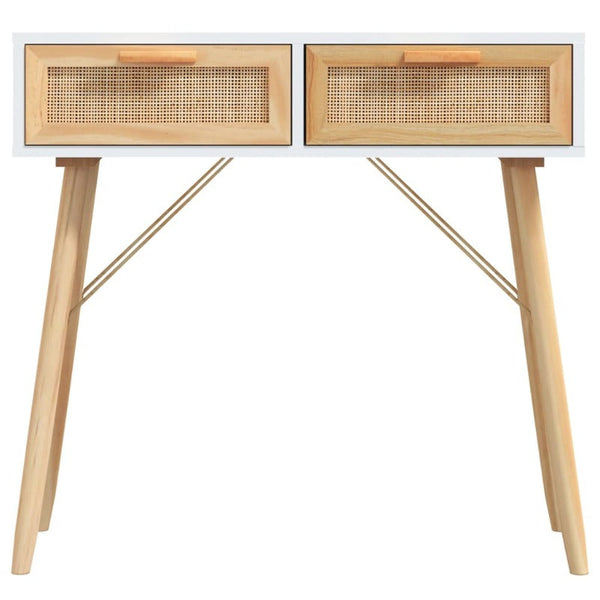 Tables Console Table White 80X30x75 Cm Solid Wood Pine&Natural Rattan