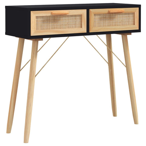 Console Table Black 80X30x75 Cm Solid Wood Pine&Natural Rattan Coffee Tables
