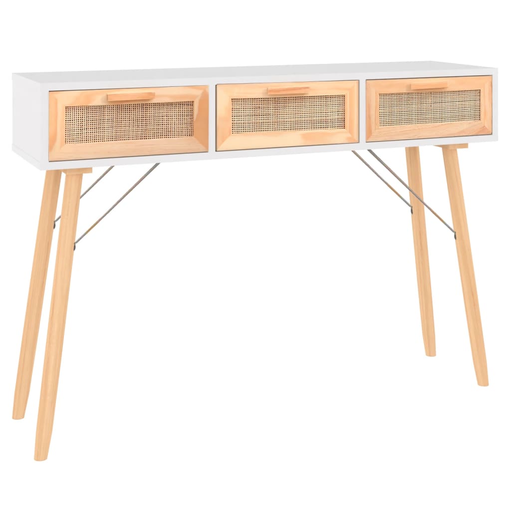Console Table White 105X30x75 Cm Solid Wood Pine&Natural Rattan Tables