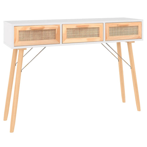 Console Table White 105X30x75 Cm Solid Wood Pine&Natural Rattan Tables