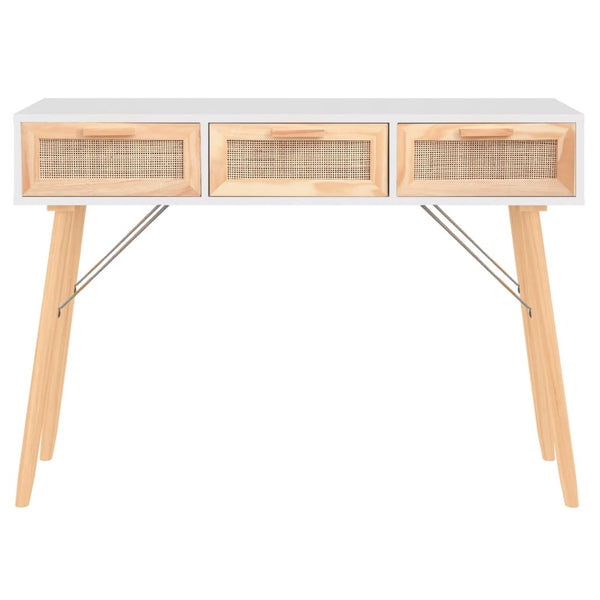 Console Table White 105X30x75 Cm Solid Wood Pine&Natural Rattan Tables