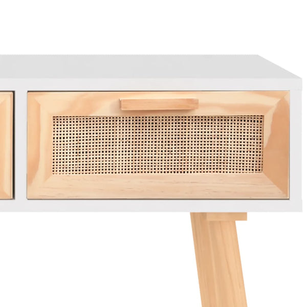 Console Table White 105X30x75 Cm Solid Wood Pine&Natural Rattan Tables