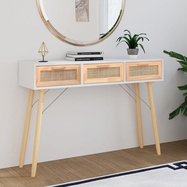 Console Table White 105X30x75 Cm Solid Wood Pine&Natural Rattan Tables