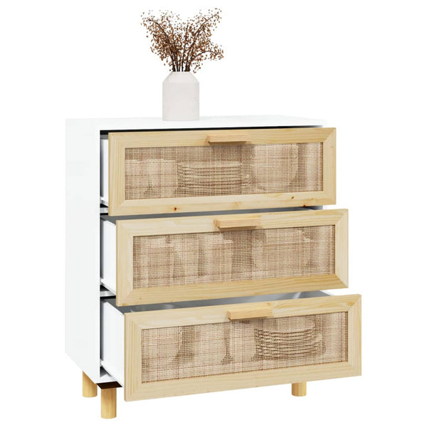 Sideboard White 60X30x70 Cm Solid Wood Pine And Natural Rattan Sideboards & Buffets