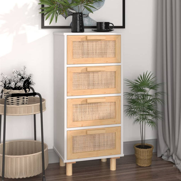 Sideboard White 40X30x90 Cm Solid Wood Pine And Natural Rattan Sideboards & Buffets