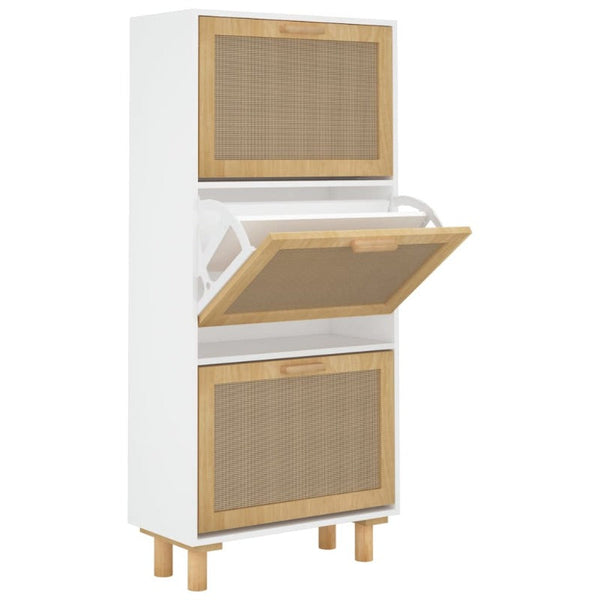 Shoe Cabinet White 52X25x115 Cm Engineered Wood And Natural Rattan Shoe Cabinets
