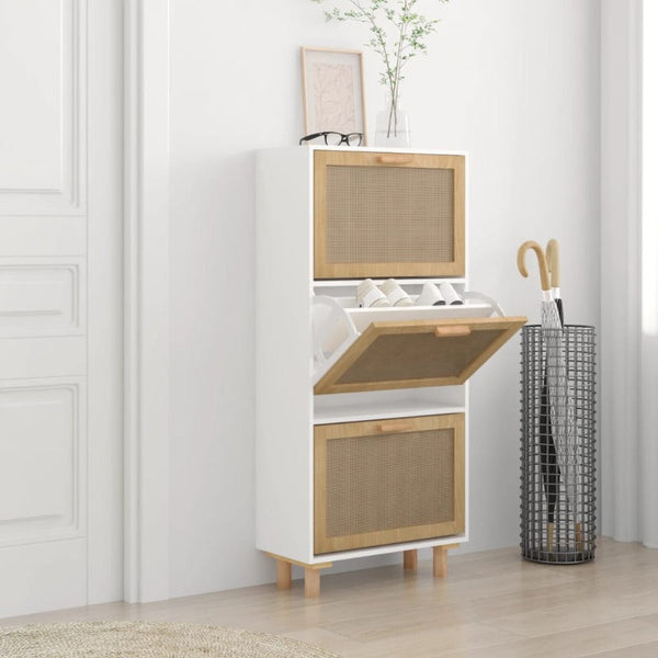 Shoe Cabinet White 52X25x115 Cm Engineered Wood And Natural Rattan Shoe Cabinets
