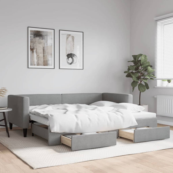 Daybed With Trundle And Drawers Light Grey 90X190 Cm Fabric Double Bed Frames