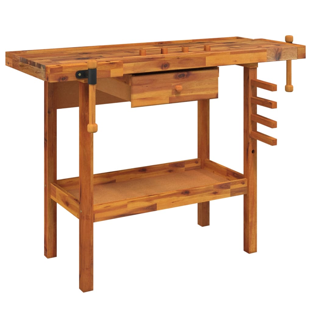 Workbench With Drawer And Vices 124X52x83 Cm Solid Wood Acacia Work Benches