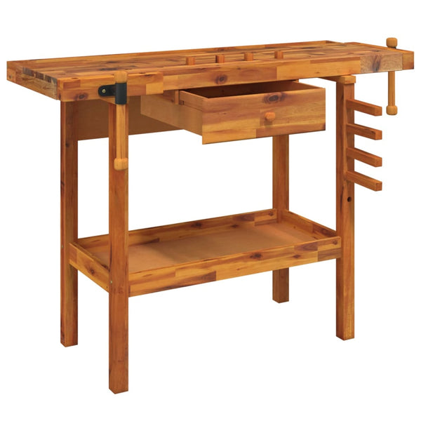 Workbench With Drawer And Vices 124X52x83 Cm Solid Wood Acacia Work Benches