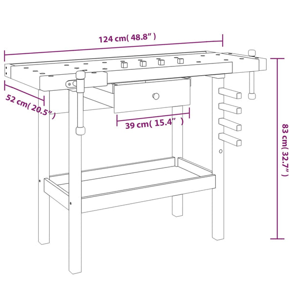 Workbench With Drawer And Vices 124X52x83 Cm Solid Wood Acacia Work Benches