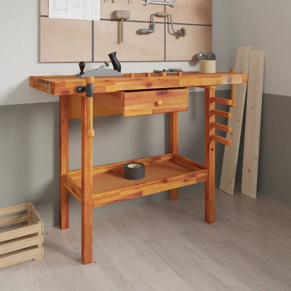 Workbench With Drawer And Vices 124X52x83 Cm Solid Wood Acacia Work Benches