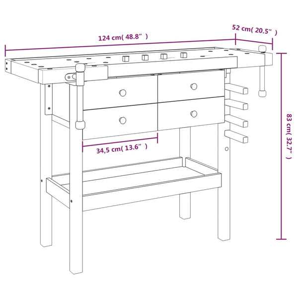 Work Benches Workbench With Drawers And Vices 124X52x83 Cm Solid Wood Acacia
