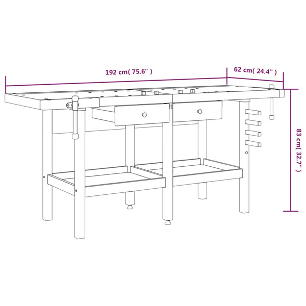Workbench With Drawers And Vices 192X62x83 Cm Solid Wood Acacia Work Benches