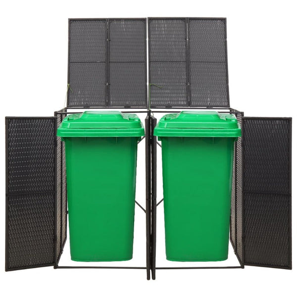 Vidaxl Double Wheelie Bin Shed Black 140X80x117 Cm Poly Rattan Rubbish Bins