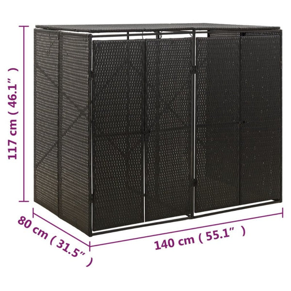 Vidaxl Double Wheelie Bin Shed Black 140X80x117 Cm Poly Rattan Rubbish Bins
