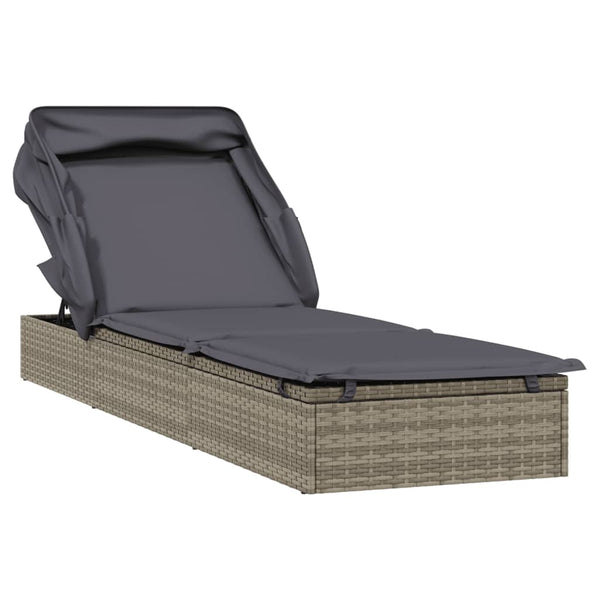 Sunbed With Foldable Roof Grey 213X63x97 Cm Poly Rattan Loungers
