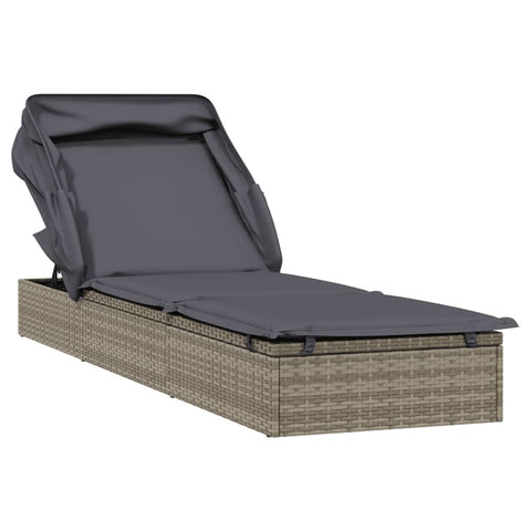 Sunbed With Foldable Roof Grey 213X63x97 Cm Poly Rattan Loungers
