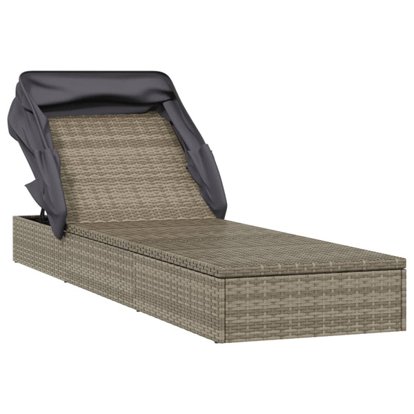 Sunbed With Foldable Roof Grey 213X63x97 Cm Poly Rattan Loungers