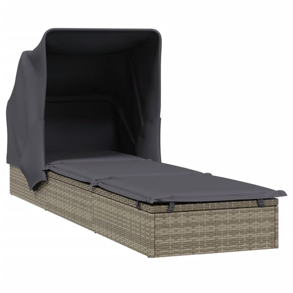 Sunbed With Foldable Roof Grey 213X63x97 Cm Poly Rattan Loungers