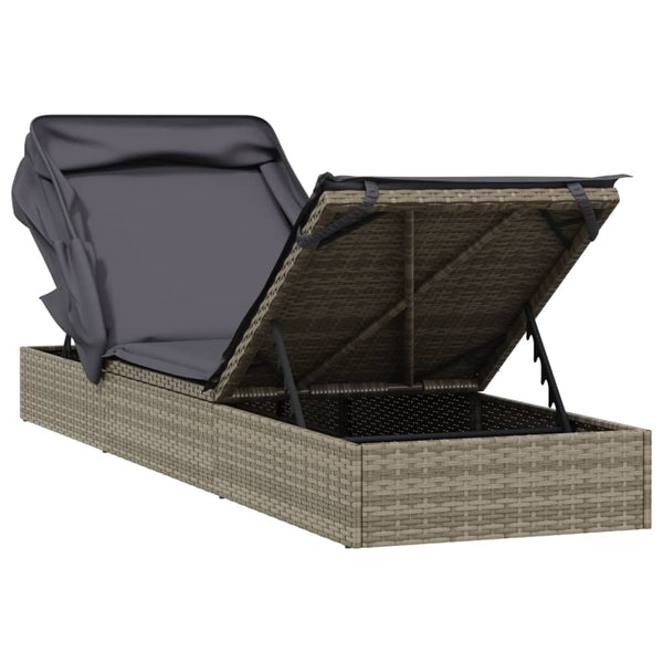 Sunbed With Foldable Roof Grey 213X63x97 Cm Poly Rattan Loungers