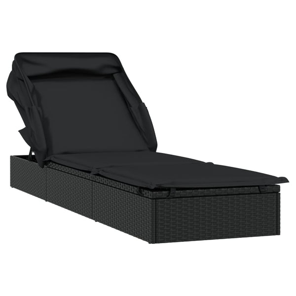 Sunbed With Foldable Roof Black 213X63x97 Cm Poly Rattan Loungers