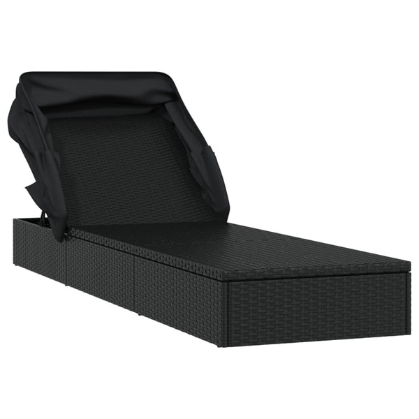 Sunbed With Foldable Roof Black 213X63x97 Cm Poly Rattan Loungers