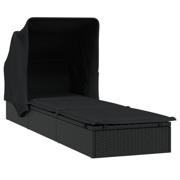 Sunbed With Foldable Roof Black 213X63x97 Cm Poly Rattan Loungers