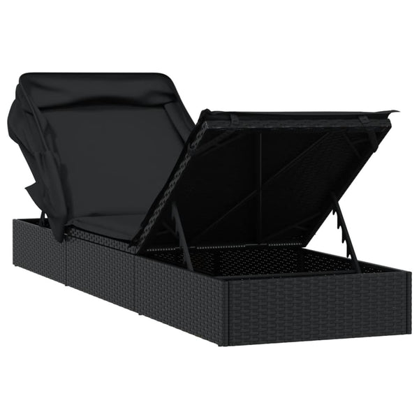 Sunbed With Foldable Roof Black 213X63x97 Cm Poly Rattan Loungers