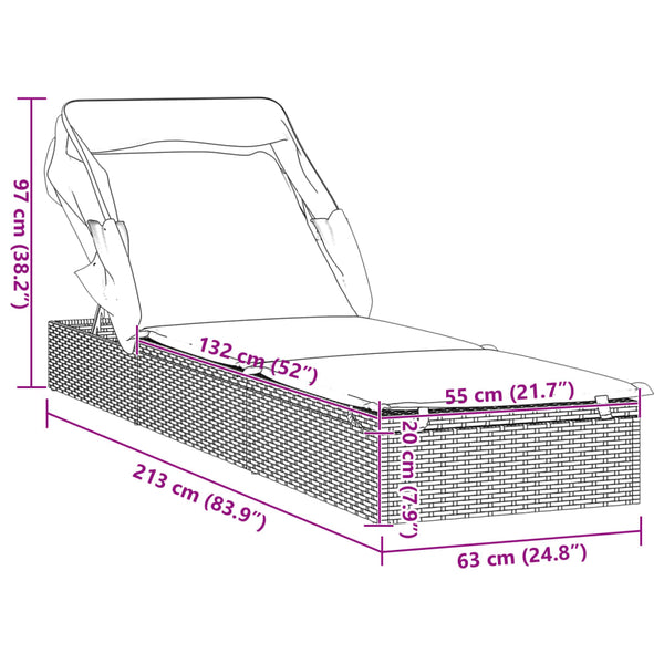 Sunbed With Foldable Roof Black 213X63x97 Cm Poly Rattan Loungers