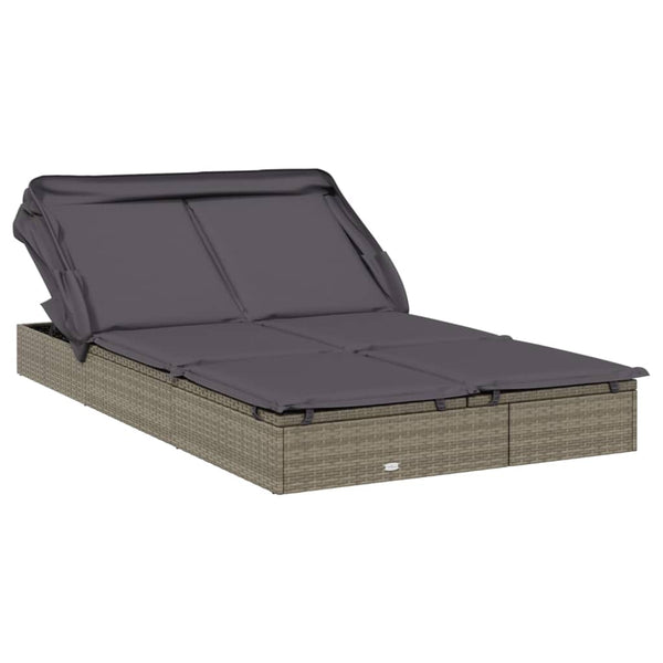 2 Person Sunbed With Foldable Roof Grey 213X118x97 Cm Poly Rattan Loungers
