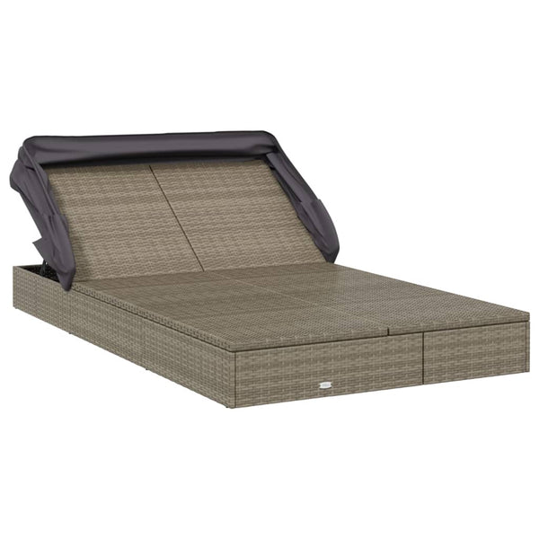 2 Person Sunbed With Foldable Roof Grey 213X118x97 Cm Poly Rattan Loungers