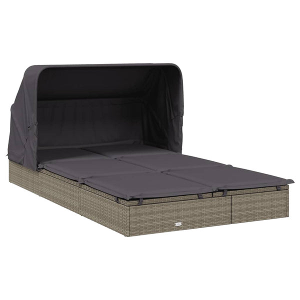 2 Person Sunbed With Foldable Roof Grey 213X118x97 Cm Poly Rattan Loungers