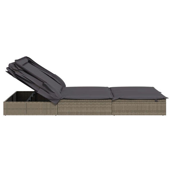 2 Person Sunbed With Foldable Roof Grey 213X118x97 Cm Poly Rattan Loungers