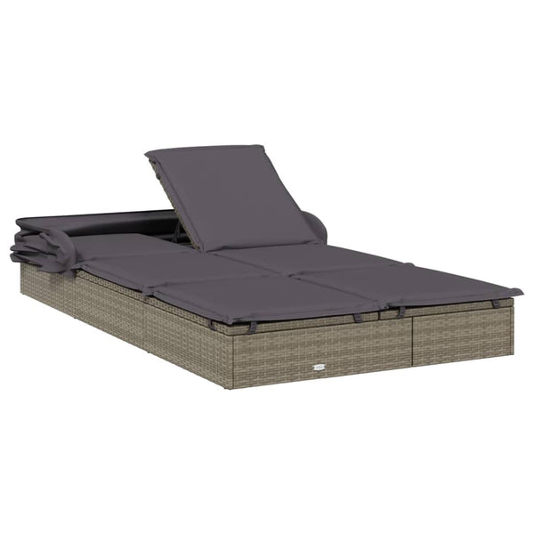 2 Person Sunbed With Foldable Roof Grey 213X118x97 Cm Poly Rattan Loungers