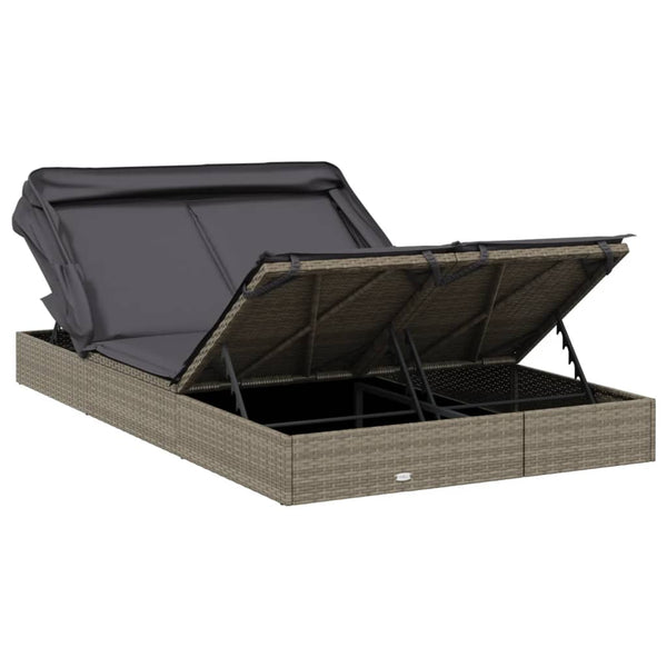 2 Person Sunbed With Foldable Roof Grey 213X118x97 Cm Poly Rattan Loungers
