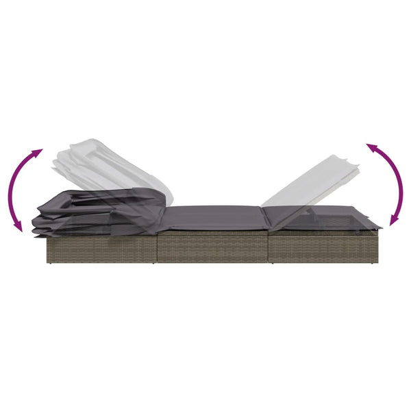 2 Person Sunbed With Foldable Roof Grey 213X118x97 Cm Poly Rattan Loungers